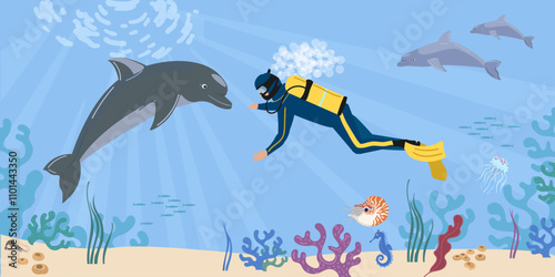 Underwater sealife illustration, with sea animals, dolphin and a scuba diver