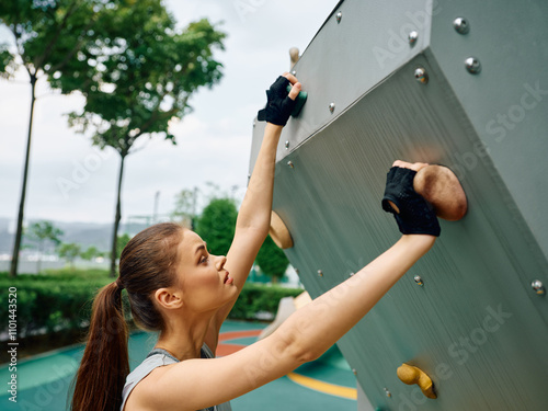 Young woman climbing on a rock climbing wall in a park setting under a cloudy sky photo