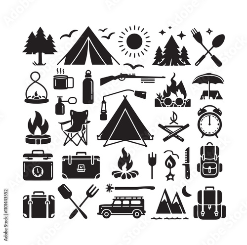 Camping elements set silhouette vector illustration 