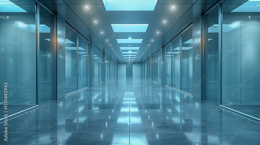 Futuristic Glass Hallway with Reflective Floors and LED Lighting Futuristic Glass Hallway with Reflective Floors and LED Lighting