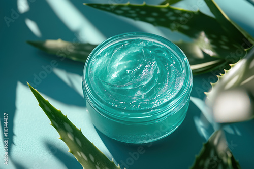 Refreshing Aloe Vera Gel for Soothing Acne and Enhancing Skin Texture, Close-up with Cool Blue-Green Background for Beauty Shots photo