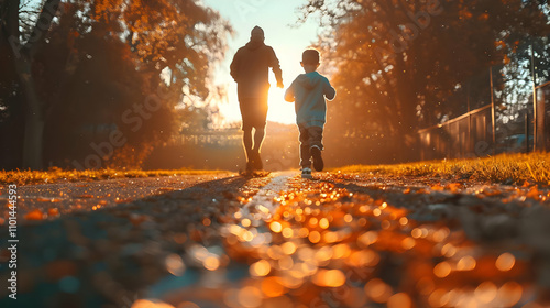 Golden Hour Jog: Father and Son Autumn Run Illustration