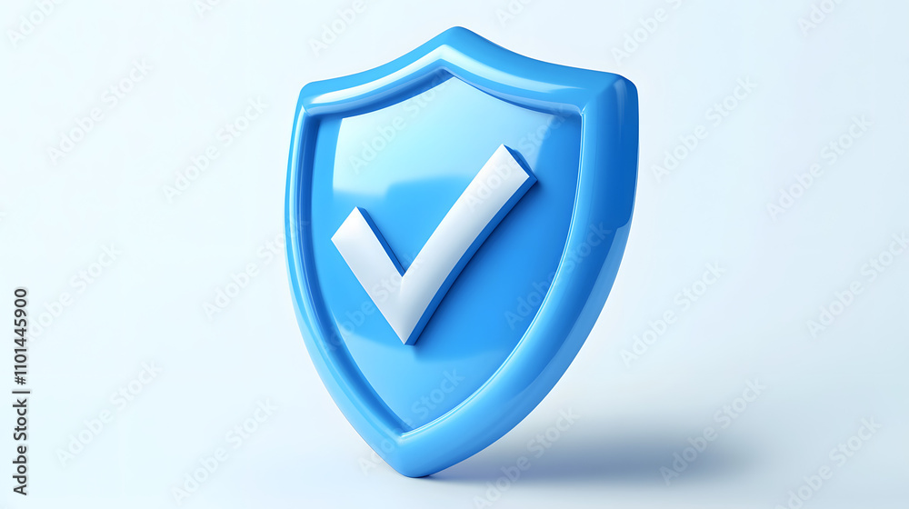 cartoon 3d Icon safety shield check mark perspective . Blue symbol security safety icon. Checkmark in minimalistic style. 3d vector illustration. white background	