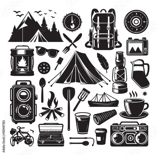 Camping elements set silhouette vector illustration 