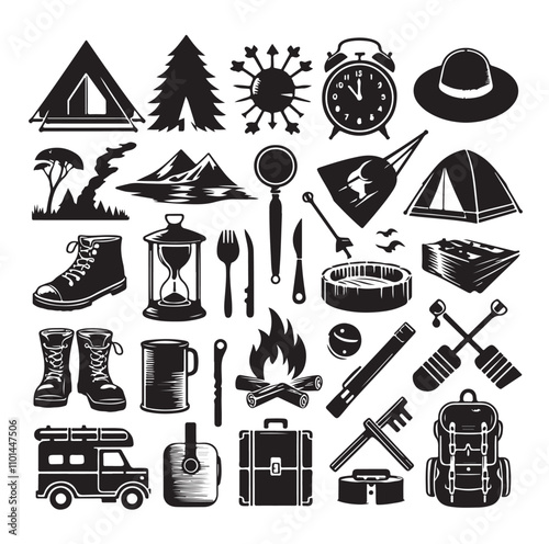 Camping elements set silhouette vector illustration 