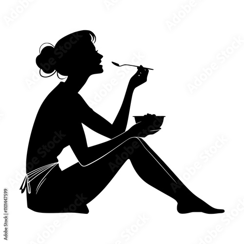 Black and White Illustration of a woman Man Eating with a Spoon