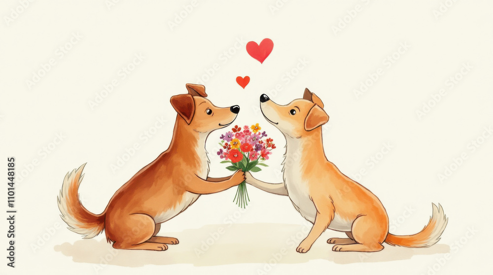Obraz premium Watercolor dogs in Love with Bouquet and Hearts. Valentines day romantic dogs with flowers