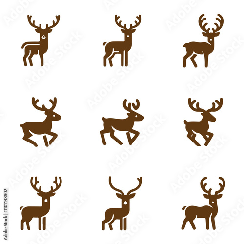 Brown deer vector icon with various variations