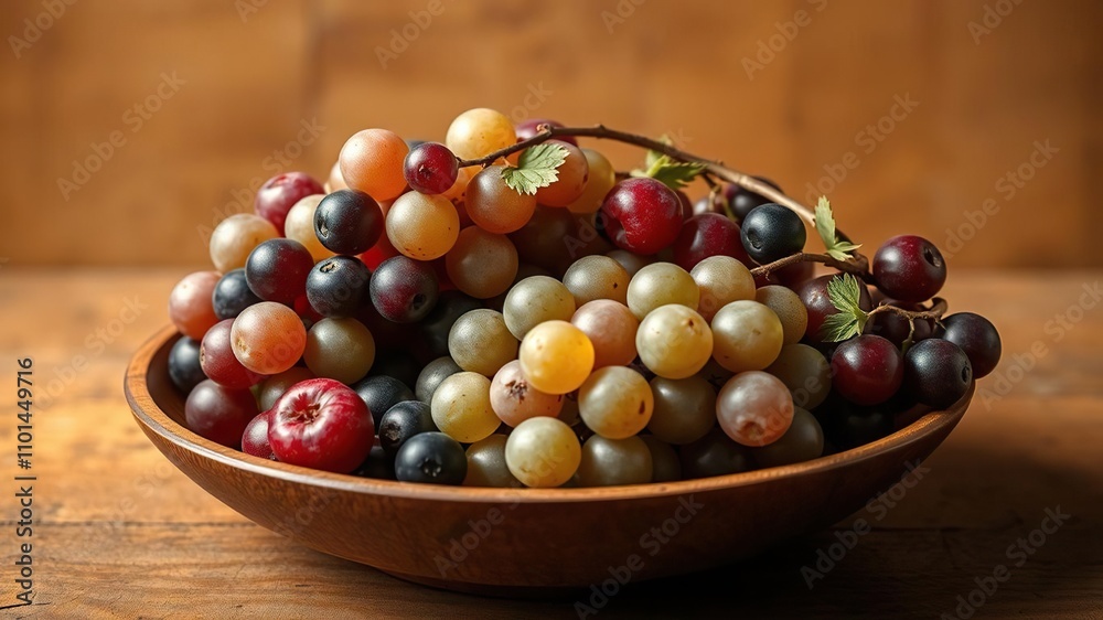 A bunch of grapes and berries arranged artfully in a shallow wooden bowl against a warm earthy background, country, wooden bowl A bunch of grapes and berries arranged artfully in a shallow wooden bowl against a warm earthy background, country, wooden bowl