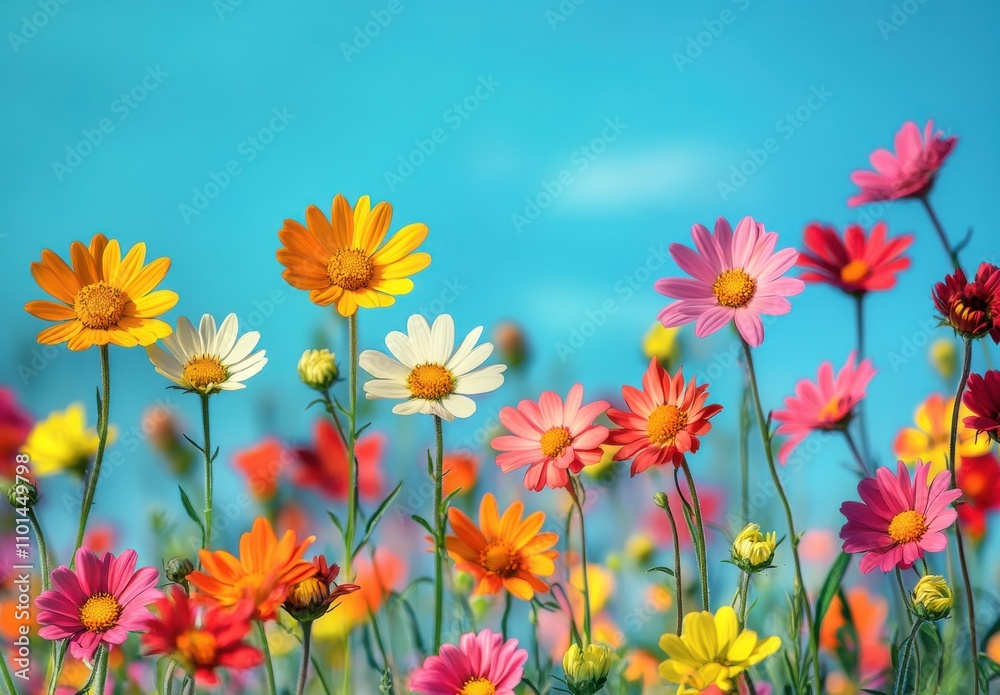 Vibrant Field of Colorful Daisies Under a Clear Blue Sky, Capturing the Beauty of Nature in Full Bloom with Bright Petals in Various Shades