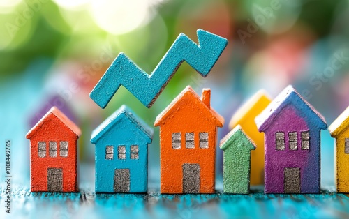 Miniature houses in bright colors with an upward trending arrow on a turquoise background, representing real estate market expansion and success photo