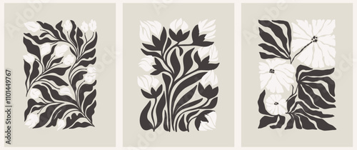 Abstract groovy posters flowers in beige tones. Modern trendy Minimal style. Hand drawn design for wallpaper, wall decor, print, postcard, cover, template, banner.