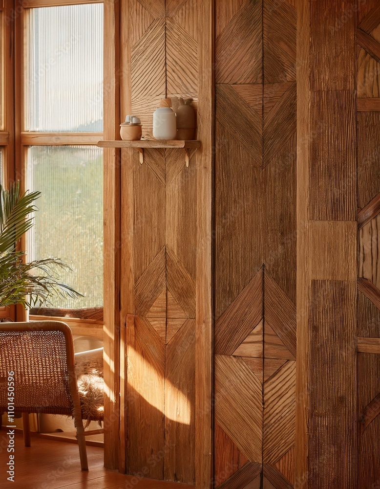 Sunlight streams onto a small wooden shelf with decorative objects against a wall with geometric wood paneling.