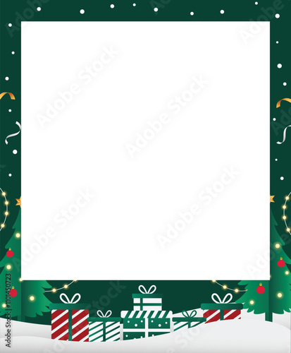 Green Christmas Polaroid Frame Decorated With Gifts, Xmas Tree And Snowflakes Flat Illustration