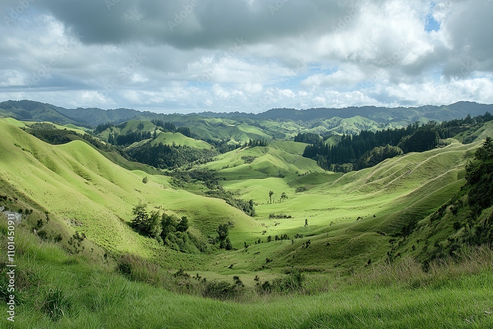 Obraz premium Rolling green hills under a cloudy sky.