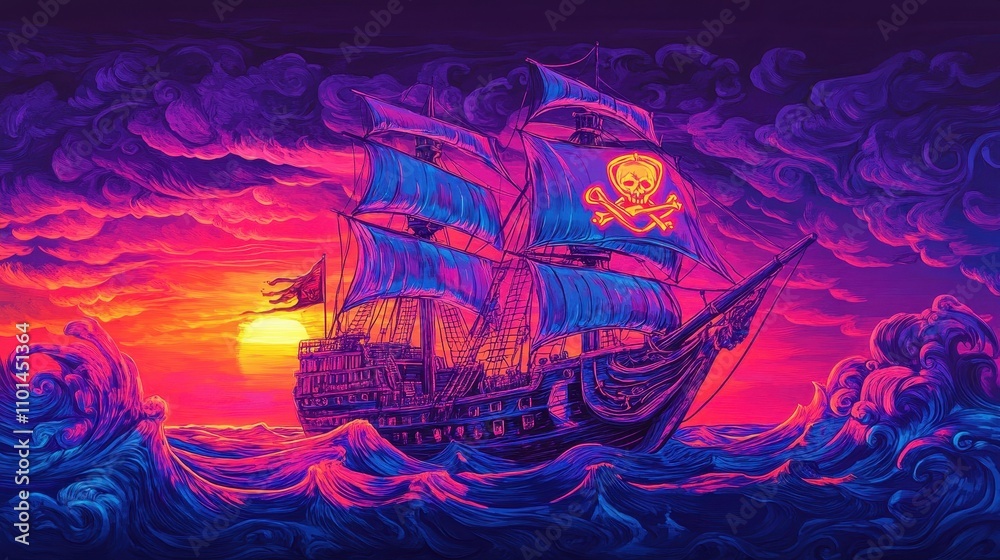Colorful pirate ship glowing with bold neon sails and swirling ocean waves Colorful pirate ship glowing with bold neon sails and swirling ocean waves