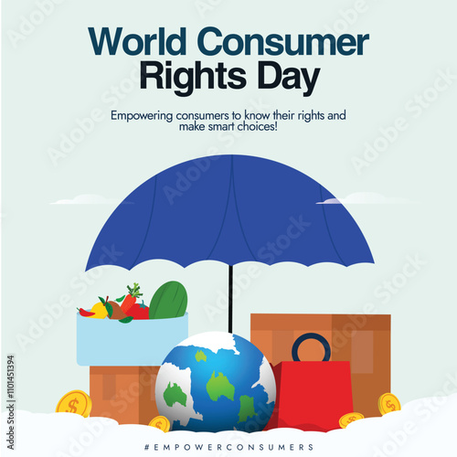 World Consumer day. Consumer rights day celebration banner with earth globe, shopping bags, gold coins, umbrella, fruit basket. The day highlights rights of all consumers, to respect their needs.