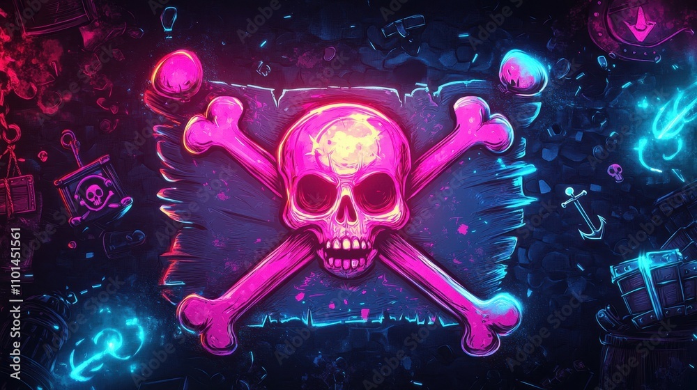 Bold pirate flag glowing with neon hues and retro skull designs Bold pirate flag glowing with neon hues and retro skull designs