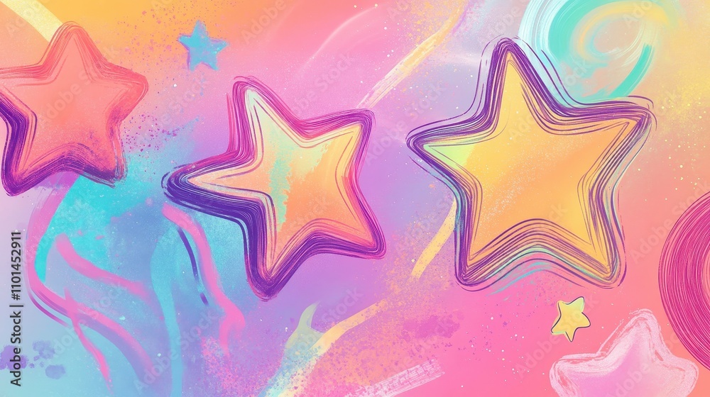 Obraz premium Dynamic wallpaper featuring childlike neon stars and retro pastel swirls