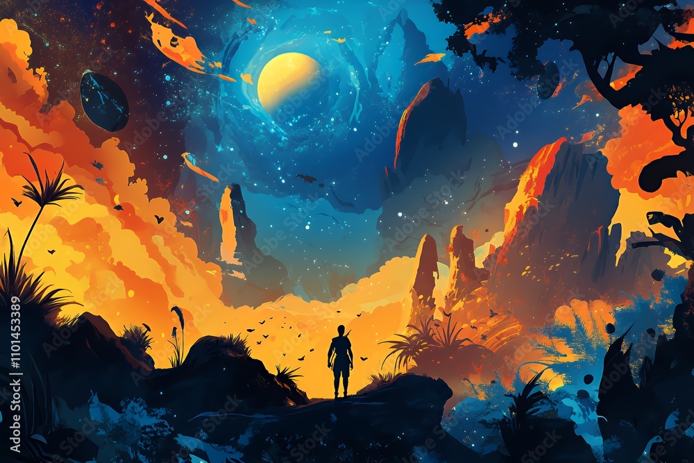 Obraz premium A vibrant cosmic landscape with a lone figure gazing at distant planets and colorful skies.