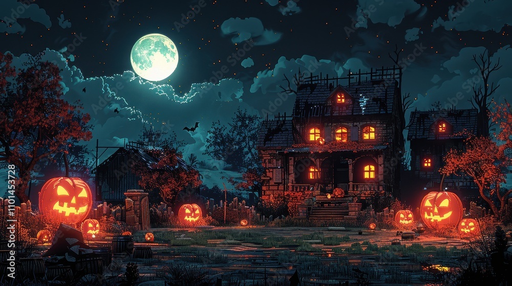 Haunted House Halloween Night Scene With Jack O Lanterns Haunted House Halloween Night Scene With Jack O Lanterns