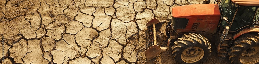 Red tractor on cracked dry soil, concept of drought and agricult Red tractor on cracked dry soil, concept of drought and agricult