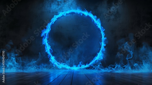 Mystical blue fire ring on dark wooden floor.  Intriguing, ethereal scene.