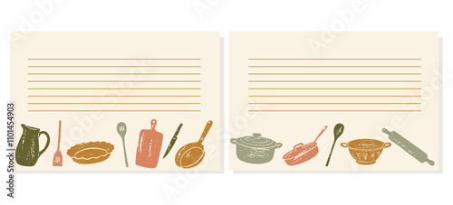 Collection of recipe card or sheet templates for making notes about meal preparation and cooking ingredients. Empty cookbook pages.