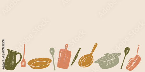 Banner with variety kitchen utensils. Hand drawn grunge vector illustration of different kitchen utensils. Pot, frying pan, knives, jug and kitchen spatulas. Cooking Background.