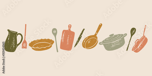 Banner with variety kitchen utensils. Hand drawn grunge vector illustration of different kitchen utensils. Pot, frying pan, knives, jug and kitchen spatulas. Cooking Background.