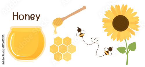 Set of honey signs with hexagon grid cells, honey stick, drop, bee cartoon and sunflower isolated on white background vector.