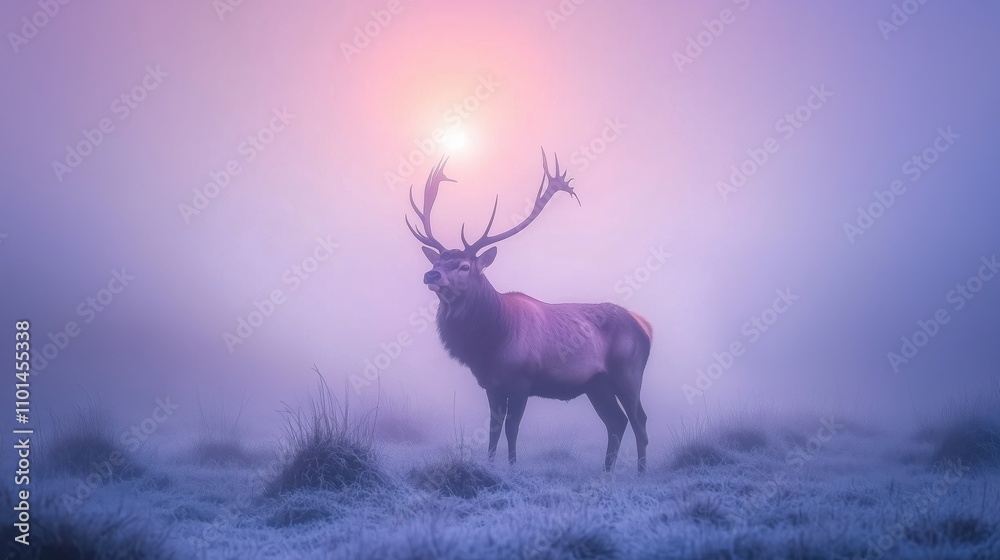 Naklejka premium Hirsch in dichter Nebellandschaft bei Sonnenaufgang