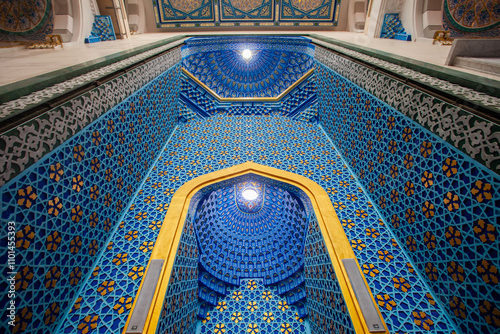 Mihrab of the Grand Mosque of North Sumatra, interior design of one of the new icons in Medan City, North Sumatra, Indonesia. Mihrab is a place where the prayer leader leads the prayer. photo