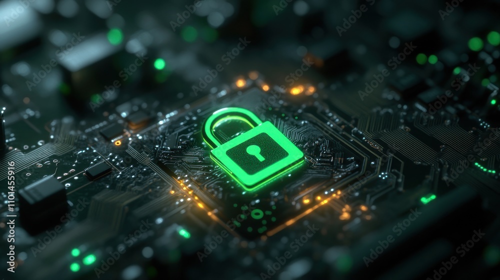 Cybersecurity: Digital Lock on Circuit Board, Green Neon Glow