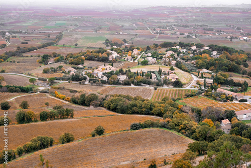 Scenic Agricultural Landscape Typical of Provence. View from Medieval Village of Seguret, Provence, France. Wine Plain of Vaucluse which Includes of Côte du Rhône Rasteau, Gigondas, Cairanne.