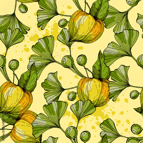 Seamless Pattern with Ginkgo and Physalis. Color sketch style hand drawn background. Detailed illustration, hand drawn. Great for fabric and textile, prints, invitation, packaging