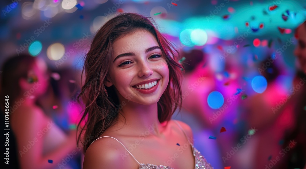 Portrait of a beautiful young woman at a party, with confetti flying around her. Portrait of a beautiful young woman at a party, with confetti flying around her.