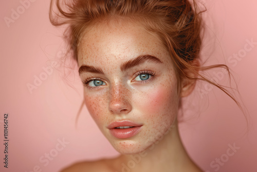 Youthful Woman Applying Retinol Cream, Acne Treatment with Calming Pink Aesthetic photo