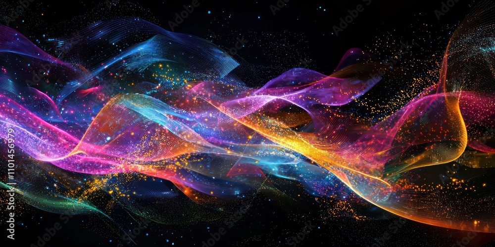 Obraz premium An abstract image symbolizing big data, with flowing lines and clusters of data points in vibrant colors against a dark background.