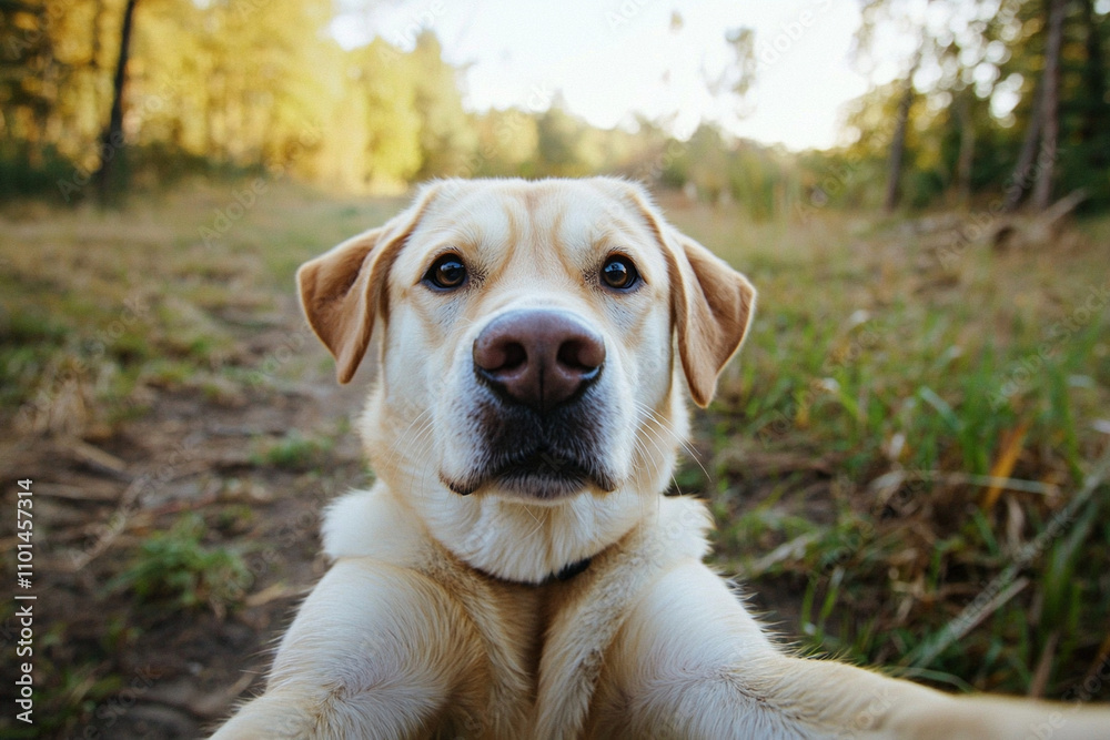 Happy Labrador enjoys a sunny day in the woods Happy Labrador enjoys a sunny day in the woods