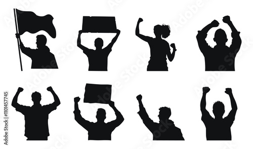 Protesters holding signs and raising fists, vector illustration. Group of individuals in activism poses, including holding flags and banners in peaceful protest.