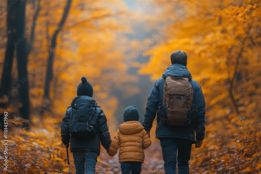 Family walking down a path in the woods Family walking down a path in the woods