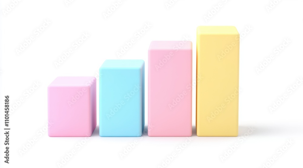 3D render of a bar graph with three pastel-colored bars, isolated on a white background, in a minimalistic style with 3D render of a bar graph with three pastel-colored bars, isolated on a white background, in a minimalistic style with