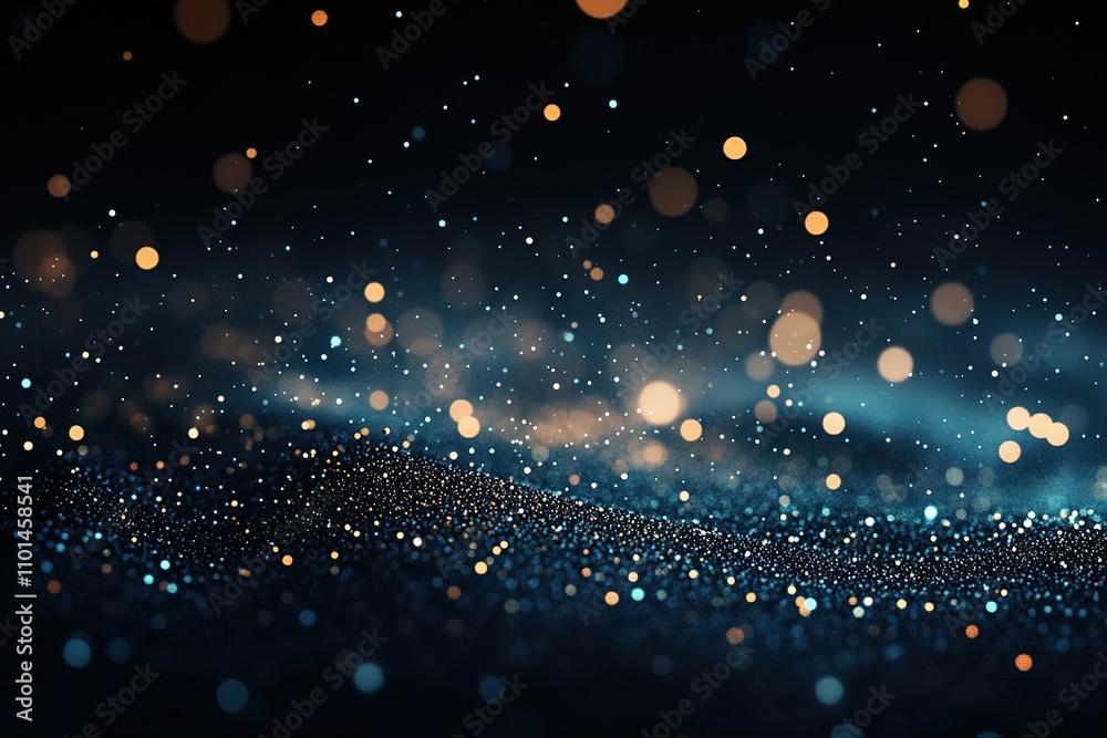 Fototapeta premium Glittering blue particles with warm bokeh lights