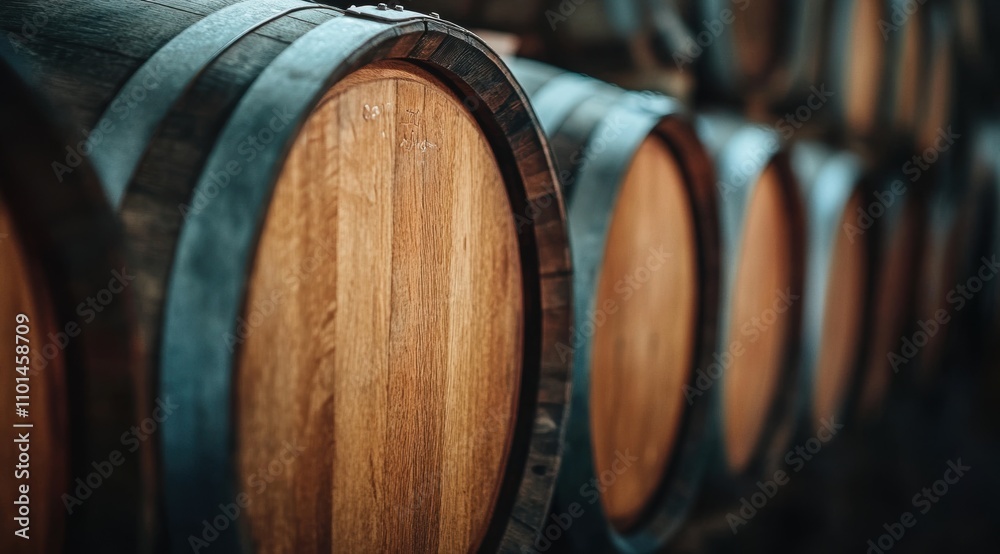 A close-up photograph of oak barrels in an old winery A close-up photograph of oak barrels in an old winery