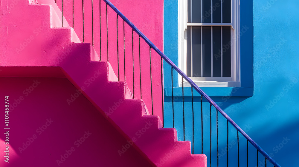 Fototapeta premium Vibrant pink and blue building exterior with a black metal staircase and railing. The contrast of colors and geometric shapes creates a striking visual. Sunlight casts shadows, adding depth.