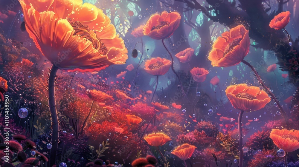 A sprawling garden of colossal poppies their delicate petals unfurling to reveal intricate patterns and colors that seem to shift with every passing moment. A sprawling garden of colossal poppies their delicate petals unfurling to reveal intricate patterns and colors that seem to shift with every passing moment.