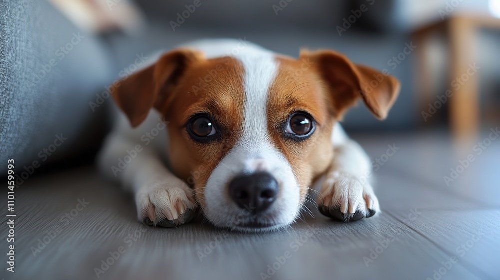 Adorable puppy lying on hardwood floor, looking at camera with big, expressive eyes. Adorable puppy lying on hardwood floor, looking at camera with big, expressive eyes.