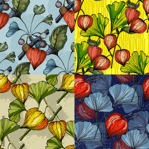 Seamless Pattern with Ginkgo and Physalis. Color sketch style hand drawn background. Detailed illustration, hand drawn. Great for fabric and textile, prints, invitation, packaging