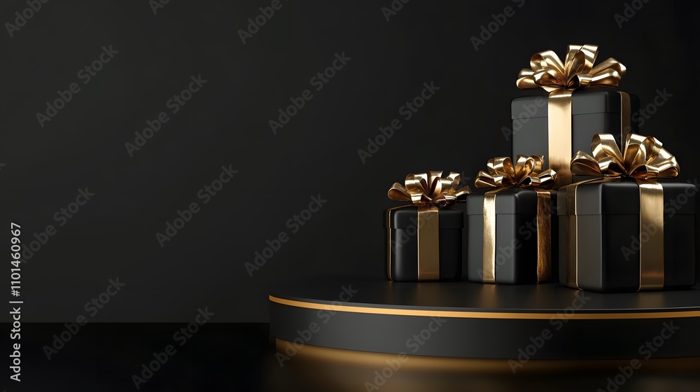 Elegant Black Gold Gift Boxes On Display Stand Elegant Black Gold Gift Boxes On Display Stand